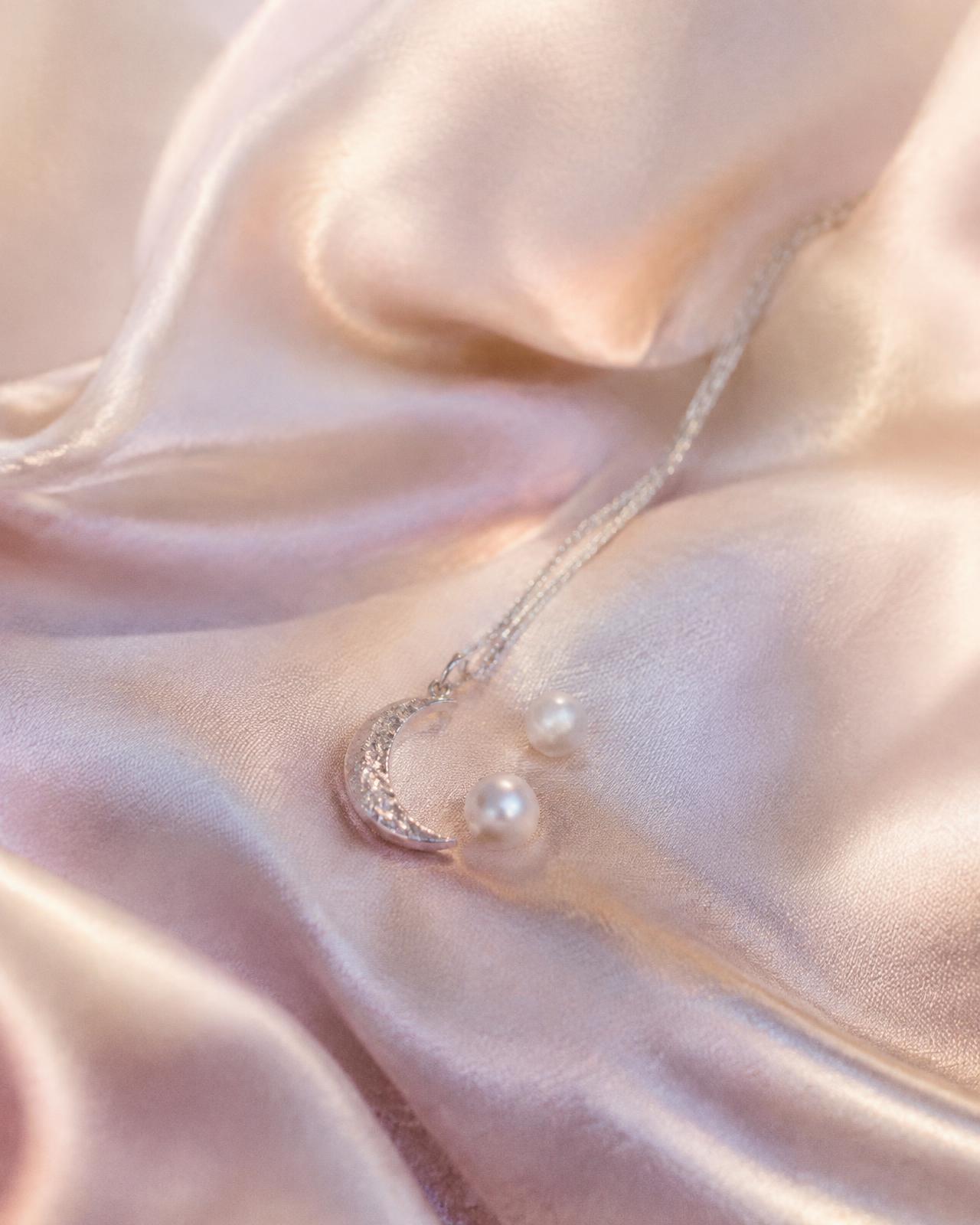 Sterling crescent pendant with pearls on silk